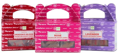 Rückfluss Räucherkegel für den Wasserfall Effekt, 24 handgerollte Kegel aus Indien für Entspannung und Meditation, auch im 3er Set (Dragon's Blood + Rose + Lavendel)