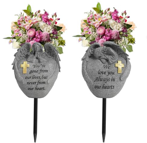 QZWHLSM Engel und Kreuz Friedhofsvasen, Friedhofsblumen für Grab, Grabdekorationen für Friedhof, Set mit 2 Friedhofsvasen mit Spikes, Gedenkgeschenke für den Verlust der geliebten Menschen (2gary)