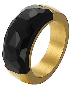 Bihsilin Damen Ringe Edelstahl, Gold Ring Personalisiert 10MM mit Schwarz Stein Bandring Trauringe Hochzeit Ringe Frauen Nickelfrei Größe 54 (17.2)