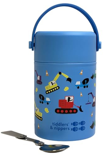 tiddlers & nippers Stainless Steel Vacuum Insulated Double Wall Kids Reusable Food Flask 500ml Capacity | Keeps Cool for 20hrs & Warm for 10hrs+ (Diggers & Lorries)