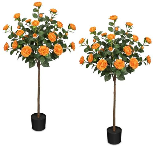 Arborus 2 STK Kunstbaum Künstliche Kamelie im Topf 120 cm Künstlicher Baum Groß Kunstpflanzen mit Blumen Plastik Pflanze Kameliebaum für Indoor Deko Wohnzimmer Deko Schlafzimmer Deko Boden Deko