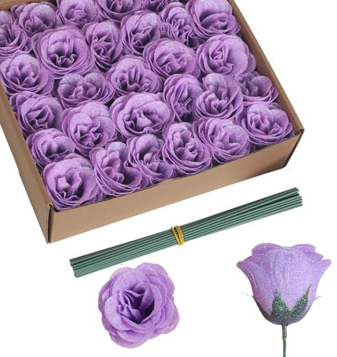 Rzoukler Artificial Roses with Stems,30PCS Glitter Roses Bouquet Lilac Flowers for Wedding Bouquet Party Christmas Home Decor(Lilac)