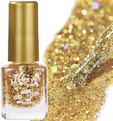 Glitter Gold Nail Polish Nail Varnish, Quick Dry Sparkly French Holographic Nail Glitter, Shimmer Long Lasting Autumn No UV Needed Christmas Nail Polish Nail Art Manicure for Women