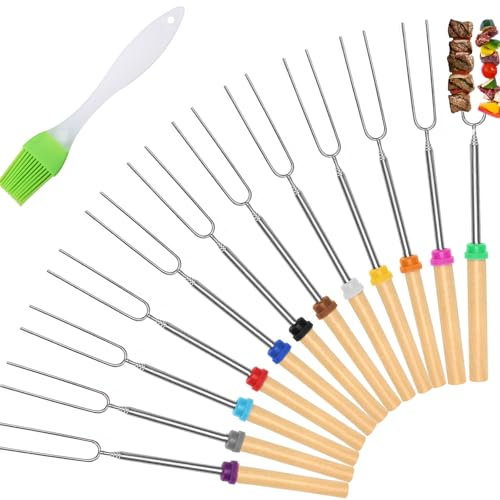 Spiedini telescopici Marshmallow, 12 pezzi Roasting Sticks con manico in legno, spiedini in acciaio inox, allungabili, per barbecue da campeggio (12 colori, acciaio inossidabile)
