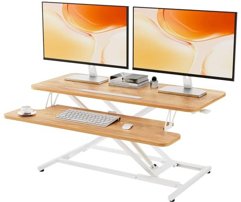 ERGOMAKER Standing Desk Converter, 36/91cm Wide Height Adjustable Quick Sit to Stand Up Desk Riser with Keyboard Tray Desktop Workstation Riser for Home Office, Light Rustic Brown