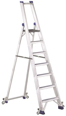 Svelt Scala Professionale in Alluminio con 4 Ruote Autobloccanti – Piattaforma Rinforzata, Parapetto di Sicurezza e Gradini Antisdrucciolo per Uso Intensivo (7 Gradini)