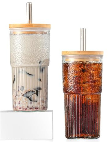 2 Pack 20oz Glass Cups with Lids and Straws, Reusable Bubble Tea Cup,Iced Coffee Cups,High Borosilicate Glass Tumbler Bottle for Beer, Water, Cocktail, Whiskey, Juice, Soda