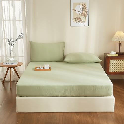 YASMENG Doppelte Muslin Spannbettlaken 200x200cm 100% Baumwolle Grün Muslin Bettlaken 200x200cm Baumwolle Weich Atmungsaktiv Kuschelige Spannbetttuch Boxspringbett Geeignet für 30cm Matratze