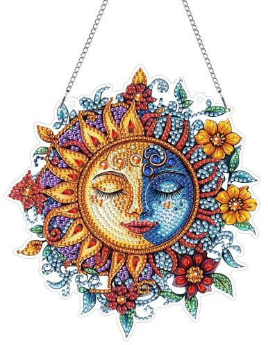 Hoobee Sonne Diamond Painting Anhänger, Mond Diamond Painting Fensterbilder, 5D Diamant Painting mit Kette, Wandbehang Kits-Für Zuhause Wanddekoration Und Eingang Dekoration 20x20cm(Sonne)