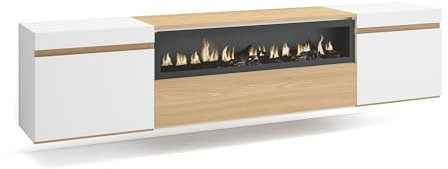 Skraut Home | TV-Schrank, Lowboard | für Wohnzimmer und Esszimmer | 200x45x35cm | Für TV-Geräte bis zu 80 | Elektrokamin. | Hängend | Moderner Stil | Eiche Soft und weiß