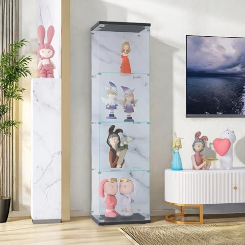 JOROBURO Glasvitrine 4 Ablagen, Standvitrine 36.5x42.5x164 cm, Sammlervitrine mit Tür und Schloss, Glasaufbewahrungsschrank für Sammlerstücke, Bücher, Wein, Büro, Wohnzimmer, Schwarz