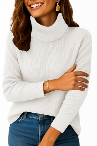 Zeagoo Pullover Damen Rollkragenpullover Winter Strick Pulli Langarm mit Rollkragen Elegant Warme Obertiele Winter Turtleneck Tops Weiß L