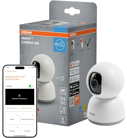 OSRAM SMART+ WiFi Kamera 360° 4MP 2K QHD, Schwenk-Neige, Nachtsicht 7m, Zwei-Wege-Audio, Alexa kompatibel, Weiß
