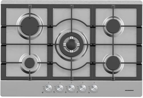 HEINNER HBH-M705IWFIX Einbau-Gaskochfeld 70 cm, 5 Gasbrenner inkl. Wok-Brenner, schwarze Glasoberfläche, Einhandzündung, Flammenausfallsicherung,Topfträger, leistungsstark, 5 Jahre Garantie (Inox)