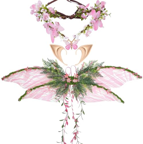 PartyforU Set Mit Rosa Fee-Flügeln Für Erwachsene 3 Teile Faschingskostüme Karneval Schmetterlings Blumenkranz Elfenohren Elfenflügel Kostüm Für Renfaire Kostümaccessoires Für Cosplay