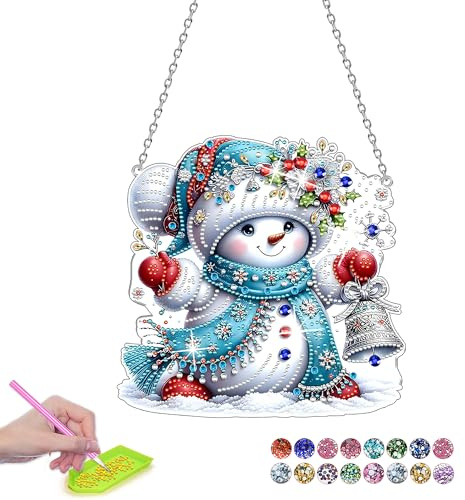 LadjproR Weihnachten Schneemänner Diamond Painting Anhänger mit Kette Diamond Painting Türkranz für die Dekoration von Eingangs und Fensterwänden (LSXR)