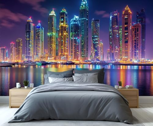 YXQAIED Neon City Wallpaper, City Skyline Bedroom Wallpaper, Cityscape 3D Wall Murals for Living Room, Home Decor & Not Self-Adhesive Wallpaper