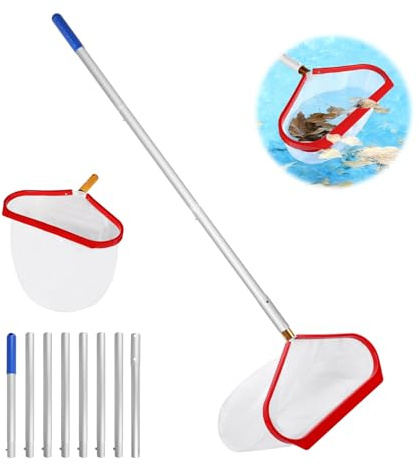 Supaway Recogedor para Piscina Red de Limpieza con Mango Ajustable 2,7m recogehojas de Fondo Red para Hojas en Piscina, SPA, Estanque de Peces - Tipo A (Marco Rojo Aluminio, Red Fina Blanca Profunda)