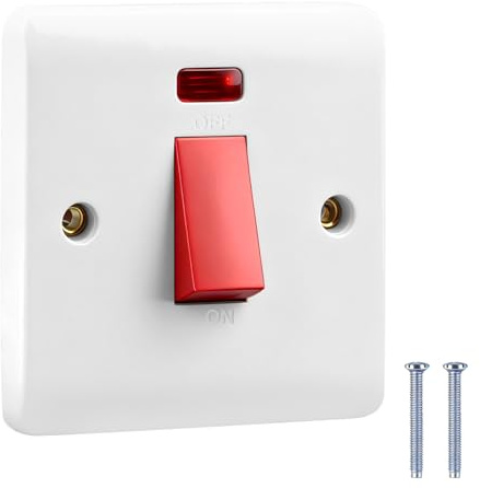 BH05737 45 Amp Double Pole Cooker Switch 1-Gang LED Neon Power Indicator | Single Plate UK DP Single Gang Light Switch Round Edge for Electric Ovens Hobs Wall Mounted with Screw Terminals