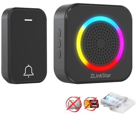 ZLinkStar Self-Powered Wireless Doorbell RGB Lighting | Range 600 ft Wireless Doorbell,63 Chimes & 4 Volume Levels,IP68 Waterproof Doorbell for Home/Classroom/Office/Business