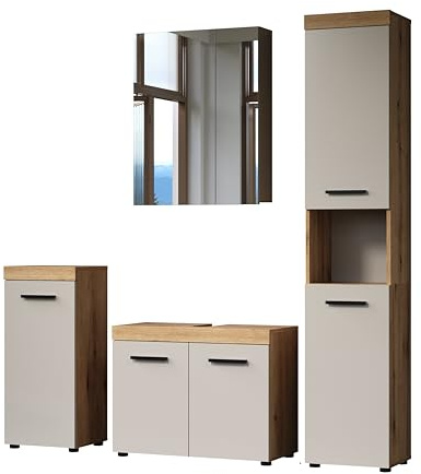Waschbeckenunterschrank Ivrea Evoke Eiche / Kaschmir · B 164 x H 184 cm | B 164 x H 184 x T 34 cm · feuchtraumgeeignet · optional mit LED-Beleuchtung · 5 Türen, 1 offenes Fach, 5 Einlegeböden