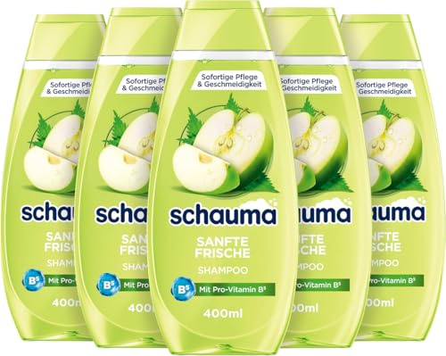 Schauma Shampoo Sanfte Frische (5x 400 ml), Haarshampoo reinigt sanft, pflegt & erfrischt, Shampoo für normales Haar bis empfindliches Haar, mit Apfel- & Brennnessel-Extrakt, mit Sofort-Pflege-Effekt