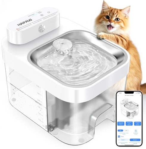 HAPAW Katzenbrunnen mit App-Überwachung, 3 L Frisch- & 1,35 L Abwassersystem, Trinkbrunnen für Katzen, Filterloser Automatischer Wasserspender mit 5000 mAh, Weiß