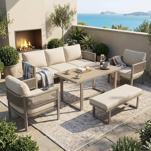 Merax Gartenmöbel Set für 7 Personen, Gartenlounge mit 3-Sitzer Sofa, 2 Sesseln & Bank, Esstisch mit WPC-Tischplatte, PE-Geflecht, verzinkter Eisenrahmen, beige