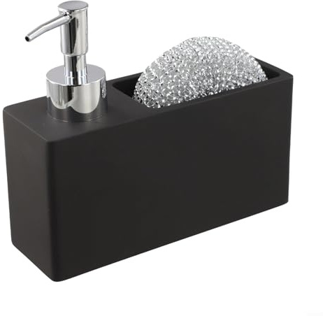 Momfin Dispensador de jabón con soporte de esponja para fregadero de cocina, botella de bomba de mano de resina, diseño de ahorro de espacio, dispensador de jabón para platos (negro)