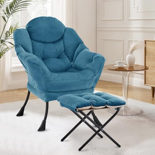 XH Easy Go Lazy Chair mit Ottomane, Ohrensessel mit Hocker, bequemer Lesesessel Wohnzimmer, Relaxsessel mit Fußstütze, Lounge Armchair mit Seitentasche,Hellblau