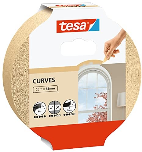 tesa Malerband KURVEN - Kurvenband mit extra starkem Krepp zum Abkleben von Rundungen und unregelmäßigen Formen - für raue und glatte Oberflächen - 25 m x 38 mm