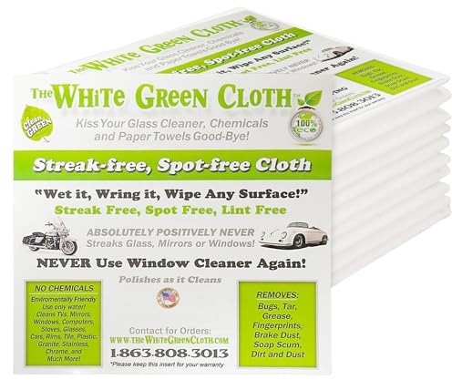 The White Green Cloth 10-Pack Reusable Cleaning Cloths for Streak-Free Windows, Mirrors & All-Purpose Cleaning – Chemical-Free, Absorbent, Non-Abrasive, 16 x 16 White Cleaning Rags, Made in The USA