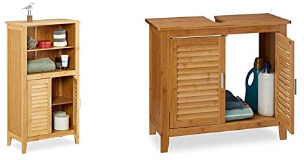 Relaxdays Badezimmerschrank LAMELL Bambus, HBT: ca. 92 x 50 x 25 cm& Waschbeckenunterschrank LAMELL aus Bambus HBT: ca. 60 x 67 x 30cm
