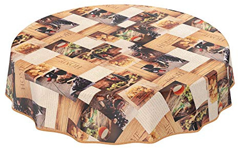 Wachstuchtischdecke abwaschbar Garten Tischdecke Wachstuch Rund Oval Eckig Indoor Outdoor Wein Weintrauben Home Holz Rund 140cm mit Saum - Eingefasst