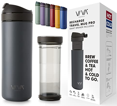 Viva Scandinavia Kaffeebecher to go, Thermobecher aus Edelstahl doppelwandig isoliert mit Kaffee- und Tee Filter, Premium Trinkflasche 0,46 l mit Deckel, Travel Mug auslaufsicher, grau,