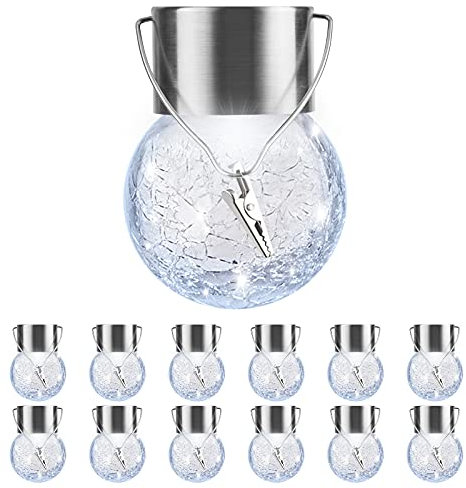 PARTPHONER 12 Pack Hanging Solar Lights Outdoor, Waterproof Solar Globe Lantern with Handle and Clip, Decorative Cracked Glass Ball Lights for Christmas Decor, Tree, Yard, Garden, Patio (Cold White)