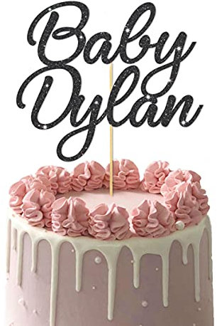 Personalised Any Name Baby Shower Cake Topper for Baby Boy or Baby Girl New Born Baby Name Reveal Customized Happy Birthday Party Decoration Multicolour Glitter Card (Black)