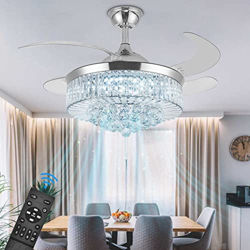 Bavnnro 36'' Fandelier Ceiling Fans with Light, Silver Retractable Crystal Chandelier Fan, Reversible, Remote Control, Dimmable Ceiling Light Kits for Dining Living Room, Bedroom