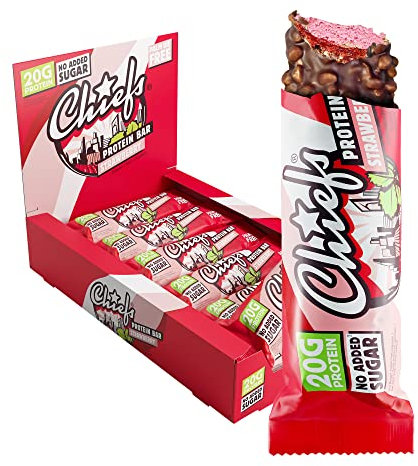 Chiefs High Protein Riegel - 20 g Protein, der köstliche Snack ohne Zuckerzusatz - 12 x 55 g Eiweißriegel ohne Palmöl - Strawberry