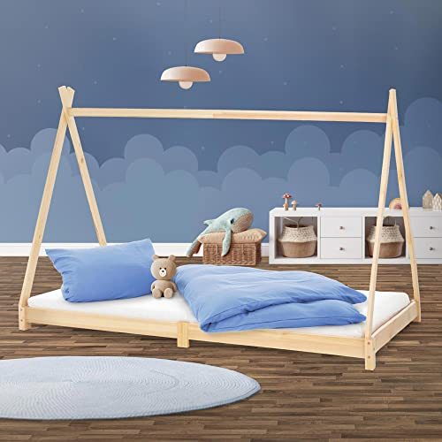 ML-Design Kinderbett Tipi 90 x 200 cm mit Lattenrost, Natur, aus Kiefernholz, Indianer Bett, Hausbett für Mädchen und Jungen, Bodenbett Kinderhaus Jugendbett Holzbett Bettenhaus Spielbett Zelt Holz