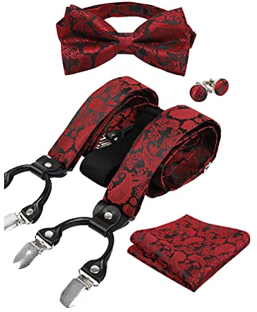 Alizeal Herren Paisley Muster Fliege und Hosenträger, Einstecktuch, Manschettenknöpfe Set-Wein rot