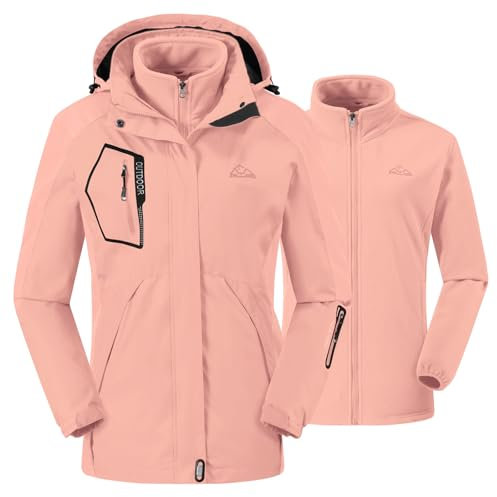donhobo Damen Jacken 3-in-1 Fleece Gefüttert Winterjacke Winddicht Warm Verdickte Softshelljacke Wasserdicht Outdoor Wanderjacke Funktionsjacke Pink S