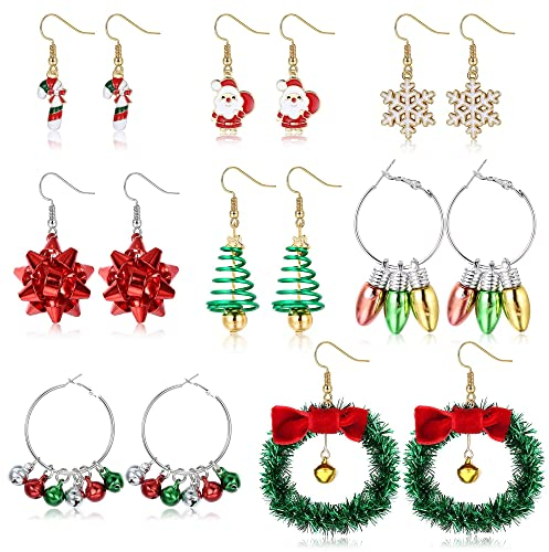 YADOCA 8 Paare Weihnachten Ohrringe Set für Damen Mädchen Weihnachten Ohrstecker Schneemann Weihnachtsmann Glocken Kranz Weihnachtsbaum Schneeflocke Hängend Ohrringe Weihnachtsschmuck