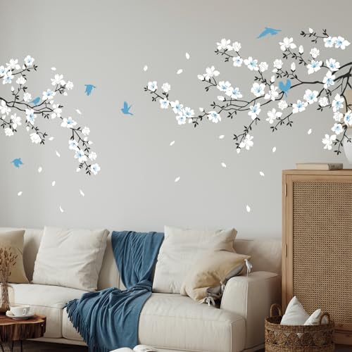 Tanlaby Blau Weiße Blume Wandtattoo Kirschblüten Wandsticker Vögel auf Baumzweig Wandaufkleber für Wohnzimmer Schlafzimmer Büros Sofa Hintergrund Hause Wanddekoration