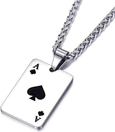 Ace Anhänger Halskette für Männer, Ace Spielkarte Halskette, Ace Poker Karte Halskette mit 22,44 +1,97 Kette, Pik Ass Ass, Edelstahl Kette, Glücksspiel Casino Schmuck Geschenk (Schwarz)