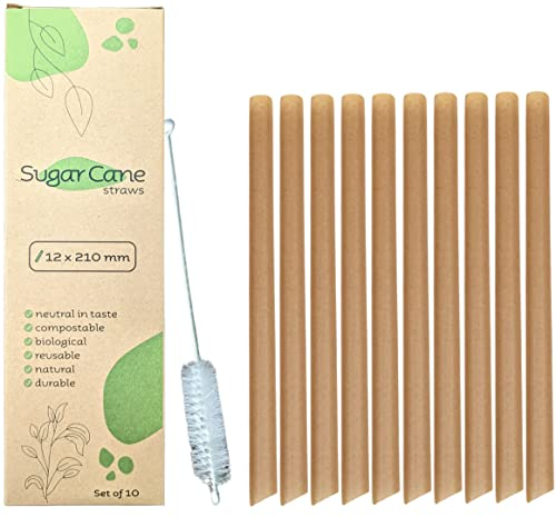 Lot de 10 pailles en canne à sucre, réutilisables à bulles avec brosse de nettoyage, pointe, pailles boba épaisses, lot de pailles de 12 mm, convient pour toutes les boissons