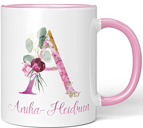 JUNIWORDS Tasse, Anika-Heidrun, Name Anfangsbuchstabe Initial Alphabet Floral Buchstabe A Monogramm Motiv, Rosa (5494828)