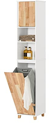 SoBuy Tall Bathroom Storage Cabinet - Freestanding Bathroom Unit with Foldable Laundry Basket, Narrow Storage Cupboard in Wood, Moisture-Resistant, White, 31x170x32 cm, BZR74-W