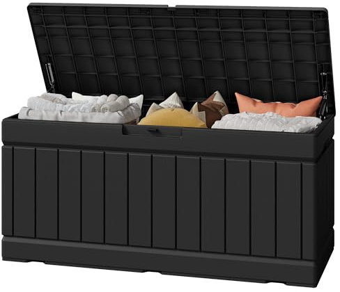 Greesum Outdoor Storage Box 82 Gallon Storage Bin with Lid for Patio Furniture, Garden Tools, Pool Supplies, Waterproof and UV Resistant, Lockable, Black