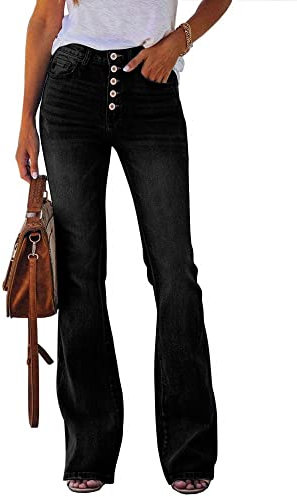 Koinshha Damen Jeans mit hoher Taille, Boyfriend-Jeans, Stretch, ausgestellt, leger, Bootcut-Denim-Hose, A-1, Schwarz, 40 Kurz